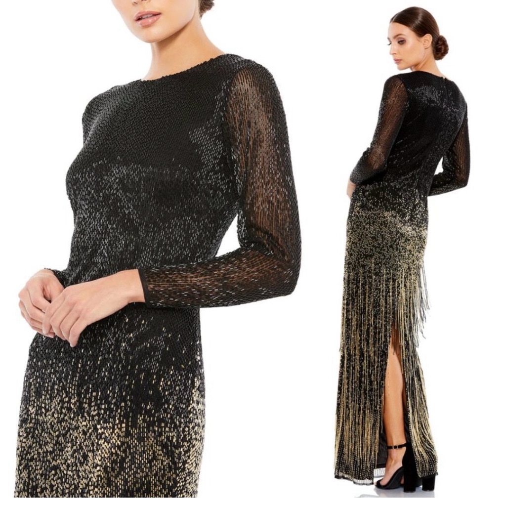 Mac Duggal Long Sleeve Beaded Fringe L Black/Gold Maxi Dress Evening Gown #93584